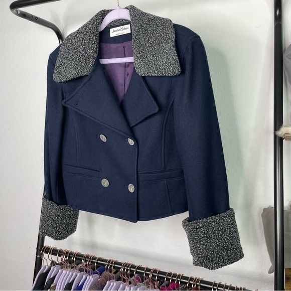 VINTAGE Jonathan Michael Navy Wool Double Breasted Military Pea Coat - Picture 2 of 6